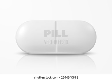 Vector 3d Realistic White Oval Horizontal Pharmaceutical Medical Pill, Capsule, Tablet Icon Closeup Isolated on White Background. Front View. Medical Concept