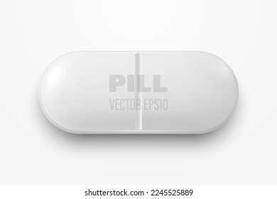 Vector 3d Realistic White Oval Horizontal Pharmaceutical Medical Pill, Capsule, Tablet Icon Closeup Isolated on White Background. Top View. Medical Concept