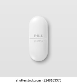 Vector 3d Realistic White Oval Horizontal Pharmaceutical Medical Pill, Capsule, Tablet Icon Closeup Isolated on White Background. Top View. Medical Concept