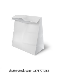 Vector 3D realistic white paper bag for food, snack or shopping. Empty template mockup advertising design element for conscious consumption, processing technology, concern for the environment
