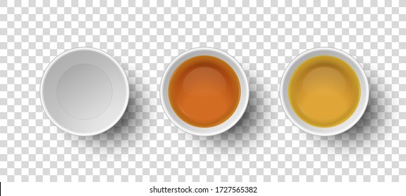 Vector 3d Realistic White Paper or Plastic Disposable Empty Tea Cup, Mug and with Black or Red and Green Tea Closeup Isolated on Transparent Background. Design Template, Clipart. Top View