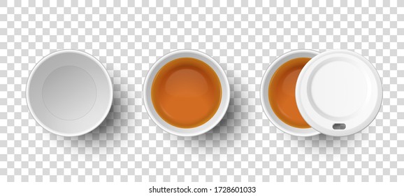 Vector 3d Realistic White Paper or Plastic Disposable Empty Tea Cup, Mug and with Black or Red and Green Tea Closeup Isolated on Transparent Background. Design Template, Clipart. Top View