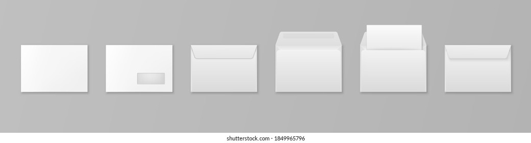 Vector 3d Realistic White Paper Blank Envelope with Letter Sheet and Window Isolated. C5, C6, A6, C6, A5, C5 Size. Design Template for Mockup. Opened and Closed. Top or Front View