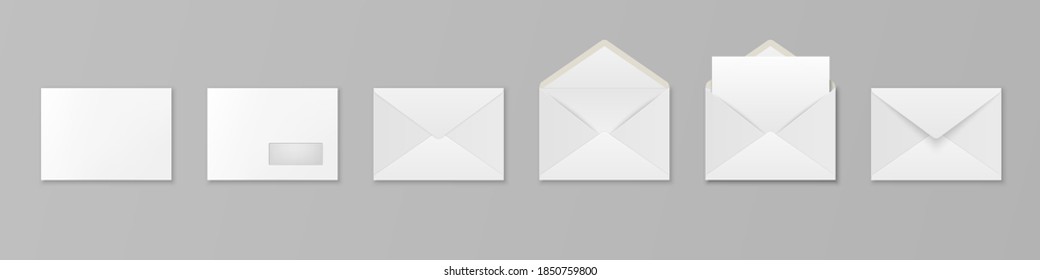 Vector 3d Realistic White Paper Blank Envelope with Letter Sheet and Window Isolated. C5, C6, A6, C6, A5, C5 Size. Design Template for Mockup. Opened and Closed. Top or Front View