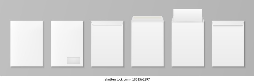 Vector 3d Realistic White Paper Blank Envelope with Letter Sheet and Window Isolated. A4, C5, C6, A6, C6, A5, C5 Size. Design Template for Mockup. Opened and Closed. Top or Front View