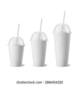Vector 3d Realistic White Paper Disposable Cup Set with Lid, Straw for Beverage, Drinks Isolated. Coffee, Soda, Tea, Cocktail, Milkshake, Juice. Design Template of Packaging for Mockup. Front View