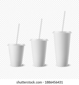 Vector 3d Realistic White Paper Disposable Cup Set with Lid, Straw for Beverage, Drinks Isolated. Coffee, Soda, Tea, Cocktail, Milkshake, Juice. Design Template of Packaging for Mockup. Front View