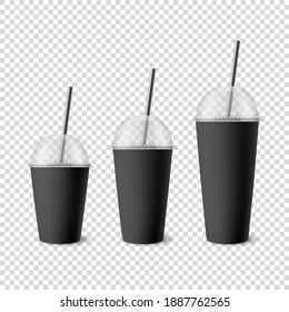 Vector 3d Realistic White Paper Disposable Cup Set with Lid, Straw for Beverage, Drinks Isolated. Coffee, Soda, Tea, Cocktail, Milkshake, Juice. Design Template of Packaging for Mockup. Front View