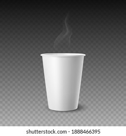 Vector 3d Realistic White Paper Glossy Disposable Cup for Beverage, Drinks with Smoke Isolated. Coffee, Soda, Tea, Cocktail, Milkshake. Design Template of Packaging for Mockup. Front View