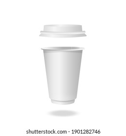 Vector 3d realistic white paper disposable beverage cup isolated on white background. Coffee, Soda, Tea, Cocktail, Milkshake. Packaging design template for mockup. Foreground