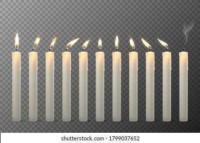 Vector 3d Realistic White Paraffin or Wax Burning Candles with Different Flame Icon Set Closeup Isolated on Transparent Background. Design Template, Clipart