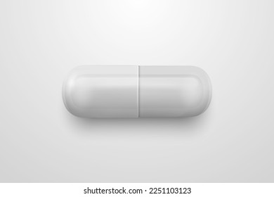 Vector 3d Realistic White Pharmaceutical Medical Pill, Capsule, Tablet on White Background. Front View. Copy Space. Medicine, Health Concept