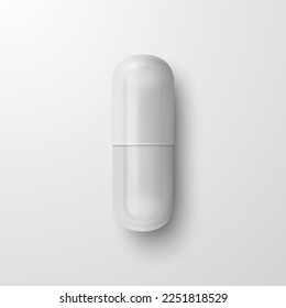 Vektorgrafik 3d realistisch weiße pharmazeutische Pille, Kapsel, Tablette auf weißem Hintergrund. Vordere Ansicht. Leerstelle kopieren. Medizin, Gesundheitskonzept