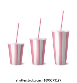 Vector 3d Realistic White, Pink Striped Paper Disposable Cup Set, Lid, Straw. Beverage, Drinks, Coffee, Soda, Tea, Cocktail, Milkshake. Design Template of Packaging for Mockup. Front View, Isolated