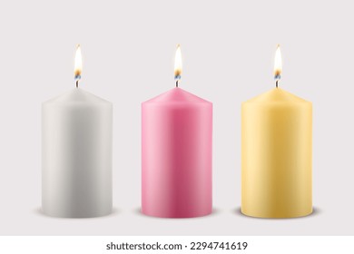 Vector 3d Realistic White, Pink, Yellow, Orange Paraffin or Wide Wax Burning Party, Spa Candle with Flame of a Candle Icon Set Isolated. Design Template, Front View