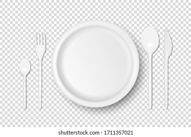 Vektorillustration 3d realistische weiße Plastik, Papier Disposable Food Dish, Kuppel - Platten, Löffel, Gabel, Khife Icon Set einzeln. Draufsicht. Design-Vorlage, Grafikmock, Branding-Identität, Druck