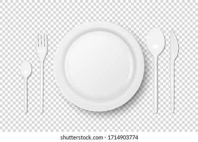 Vector 3d Realistic White Plastic, Paper Disposable Food Dish, Cutlery - Plate, Spoon, Fork, Khife Icon Set Isolated. Top View. Design template, Mock up for Graphics, Branding Identity, Printing