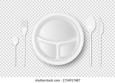 Vector 3d Realistic White Plastic, Paper Disposable Food Dish, Cutlery - Plate, Spoon, Fork, Khife Icon Set Isolated. Top View. Design template, Mock up for Graphics, Branding Identity, Printing
