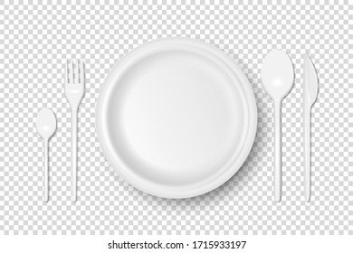 Vector 3d Realistic White Plastic, Paper Disposable Food Dish, Cutlery - Plate, Spoon, Fork, Khife Icon Set Isolated. Top View. Design template, Mock up for Graphics, Branding Identity, Printing