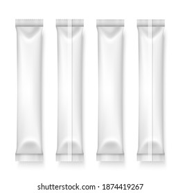 Vector 3d Realistic White Plastic, Paper Long Slim Blank Packaging Set Isolated. Drugs, Coffee, Salt, Sugar, Pepper, Spices, Sachet, Candy Wrapper. Design Template of Packing for Mockup. Top View