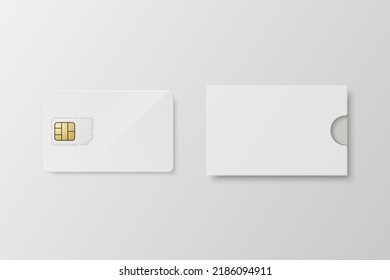 Vector 3d Realistic White Plastic Card and Sim Card Template, Paper Cover Wallet Isolated. Design Template of Sim Card with Plastic Card for Mockup, Branding. Front View