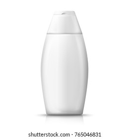 Vector 3d realistic white plastic shampoo bottle with reflection. Mock-up for product package branding.
