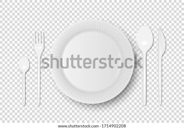 Vector 3d Realistic White Plastic, Paper\
Disposable Food Dish, Cutlery - Plate, Spoon, Fork, Khife Icon Set\
Isolated. Top View. Design template, Mock up for Graphics, Branding\
Identity, Printing