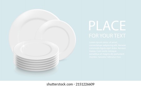 Vector 3d Placas blancas realistas en pilas, para comida. El icono de las placas está aislado con texto. Vista frontal. Limpiar plantilla de diseño de vajilla.