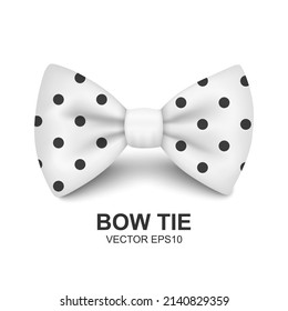 Vector 3d Realistic White Polka Dot Bow Tie Icon Closeup Isolated on White Background. Silk Glossy Bowtie, Tie Gentleman. Mockup, Design Template. Bow tie for Man. Mens Fashion, Fathers Day Holiday