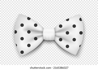 Vector 3d Realistic White Polka Dot Textured Bow Tie Icon Closeup Isolated. Silk Glossy Bowtie, Tie Gentleman. Mockup, Design Template. Bow tie for Man. Mens Fashion, Fathers Day Holiday