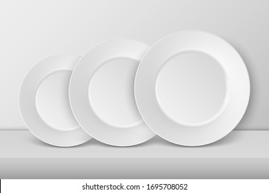 Vector 3d Placa Realista De Platos De Porcelana Blanca Fija Distintas Dimensiones De Cierre. Vista frontal. 