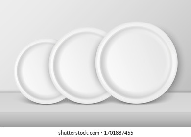Vector 3d Realistic White Porcelain, Plastic or Paper Disposable Food Dish Plate Set Different Size Closeup. Front View. Design template, Mock up for Graphics, Branding Identity, Printing, etc