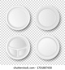 Vector 3d Realistic White Porcelain, Plastic Or Paper Disposable Food Dish Plate Icon Set Closeup Isolated. Top View. Design Template, Mock Up For Graphics, Branding Identity, Printing, Etc