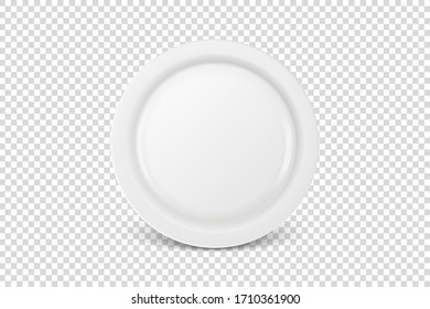 Vector 3d Realistic White Porcelain, Plastic Or Paper Disposable Food Dish Plate Icon Closeup Isolated. Front View. Design Template, Mock Up For Graphics, Branding Identity, Printing, Etc