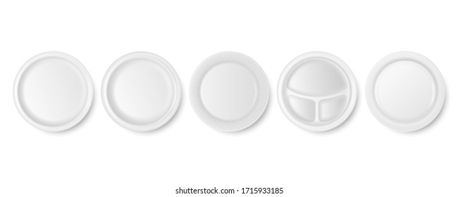 Vector 3d Realistic White Porcelain, Plastic or Paper Disposable Food Dish Plate Icon Set Closeup Isolated. Top View. Design template, Mock up for Graphics, Branding Identity, Printing, etc