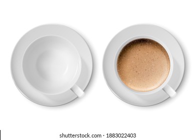 Vector 3d Realistic White Porcelain Ceramic Mug empty and with Milk Coffee and Foam Set Isolated on White Background. Capuccino, Latte. Vector illustration. Design Template for Mockup. Top View