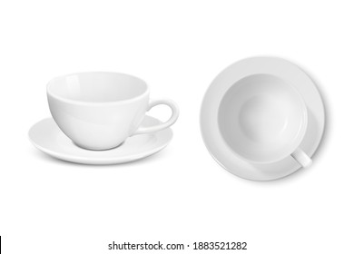 Vector 3d Realistic White Porcelain Empty Ceramic Mug with Saucer Set Isolated on White Background. Tea, Coffee, Capuccino, Latte Cup. Vector illustration. Design Template for Mockup. Front, Top View