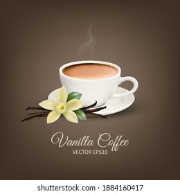 Vector 3d Realistic White Porcelain Ceramic Mug, Hot Milk Coffee, Foam, Smoke and Vanilla Flower. Capuccino, Latte. Stock Vector Illustration. Design Template