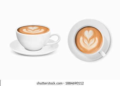 Vector 3d Realistic White Porcelain Ceramic Mug. Milk Coffee, Foam, Flower, Heart Pattern Set Isolated on White. Capuccino, Latte. Stock Vector Illustration. Design Template, Mockup. Front, Top View
