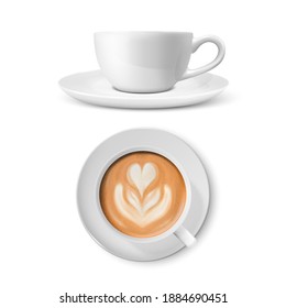 Vector 3d Realistic White Porcelain Ceramic Mug. Milk Coffee with Foam Heart Flower Design. Set Isolated on White. Cappuccino, Latte. Stock Vector Illustration. Design Template, Mockup. Front, Top View