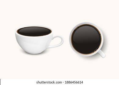 Vector 3d Mug cerámica de porcelana blanca realista con café negro aislado en fondo blanco. Espresso, Americano. Ilustración de vectores de stock. Plantilla de diseño para la mezcla. Vista frontal y superior