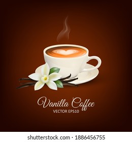 Vector 3d Realistic White Porcelain Ceramic Mug, Hot Milk Coffee, Foam, Heart Pattern and Smoke. Vanilla Flower. Capuccino, Latte. Stock Vector Illustration. Design Template