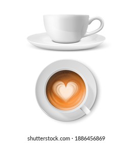 Vector 3d Mug cerámica de porcelana blanca realista. Café de leche, espuma, patrón cardíaco aislado en blanco. Capuccino, Latte. Ilustración de vectores de stock. Plantilla de diseño, Trampa. Vista frontal superior