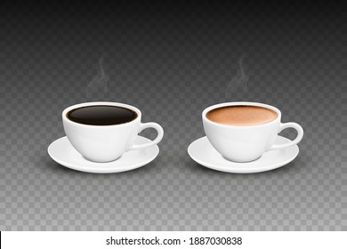 Vector 3d Realistic White Porcelain Ceramic Mug, Hot Black and Milk Coffee, Foam and Smoke Set Isolated. Espresso, Capuccino, Latte. Stock Vector Illustration. Design Template. Front View