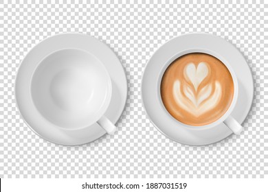 Vector 3d Realistic White Porcelain Ceramic Mug. Milk Coffee, Foam, Flower, Heart Pattern Set Isolated on White. Capuccino, Latte. Stock Vector Illustration. Design Template, Mockup. Front, Top View