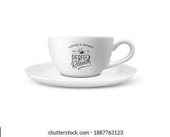 Vector 3d Realistic White Porcelain Ceramic Mug Isolated on White Background. Tea, Coffee Cup with Typography Quote, Phrase about Coffee. Stock Illustration. Design Template for Mockup. Front View