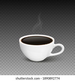 Vector 3d Cerámica Porcelana Blanca Realista, Café Leche Caliente, Espuma, Flor, Patrón Cardíaco y Juego de Humo Aislado. Espresso, Capuccino, Latte. Ilustración de vectores de stock. Plantilla de diseño. Vista frontal