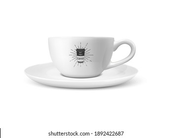 Vector 3d Realistic White Porcelain Ceramic Mug Isolated on White Background. Tea, Coffee Cup with Typography Quote, Phrase about Coffee. Stock Illustration. Design Template for Mockup. Front View