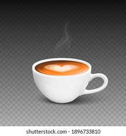Vector 3d Realistic White Porcelain, Ceramic Mug. Hot Milk Coffee, Foam, Flower, Heart Pattern and Smoke Isolated. Espresso, Capuccino, Latte. Stock Vector Illustration. Design Template. Front View