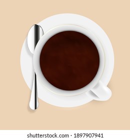 Vector 3d realistic white porcelain ceramic mug, coffee, steel silver spoon and saucer isolated. Americano. Design template for layout. View from above.